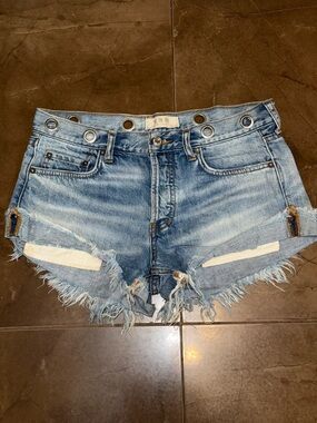 We The Free Distressed Light Blue Denim Shorts with Grommet Waist
